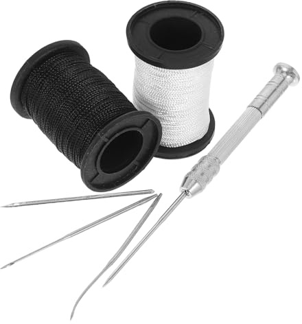 PLAFOPE Set da Cucito per Riparazione Tappezzeria Ago in Lega di Alluminio Punteruolo per Cucire a Mano 7 Pezzi Fili Nero e Bianco per Borse Rilegatura Libri e Riparazioni Tessuti