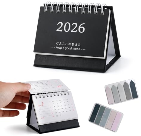 Small Desk Calendar 2026 Mini Calendar Standing Flip Desktop Calendar2026 Metal Ring Binding, Compact Size for Home Office School Black