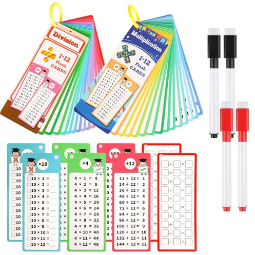 30 Pcs Multiplication and Division Flash Cards with 4 Dry Erase Pens 2 Rings Educational Time Table Cards Set Math Chart Games for 1st to 3rd Grades