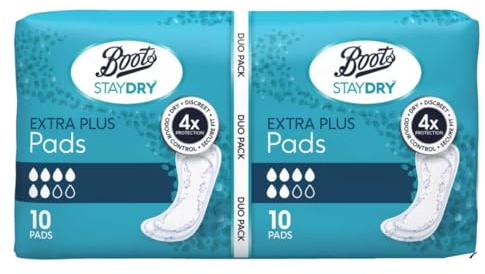 Boots Stay Dry Extra Plus Pads - 20 Pads - for Moderate Bladder Weakness, Natural Odour Control, Stay Fresh Technology - Duo Pack