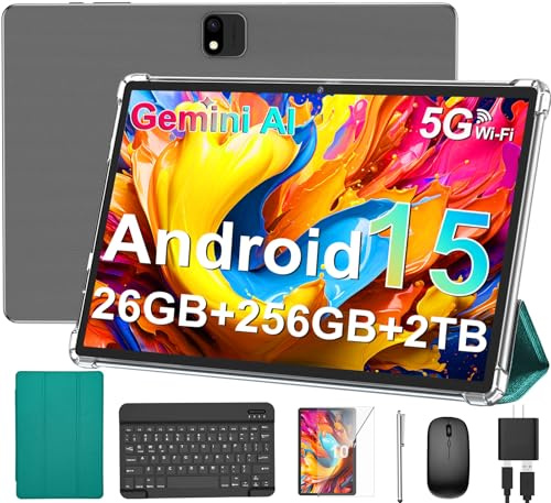 Android Tablet with Keyboard, 2026 Android 15 Tablet 10 inch, 26GB+256GB+2TB Expand, Electronic Tablet PC with Gemini, 8-Core, 8000mAh, 5G WiFi, GMS, 2 in 1 Tablet with Case/Mouse/Stylus(Green Case)