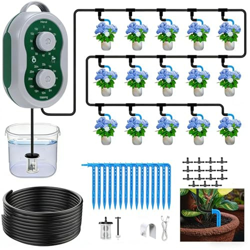Sistema di irrigazione automatico per 15 piante in vaso con timer programmabile, sistema di irrigazione a goccia per piante da appartamento, giardino, balcone e serra