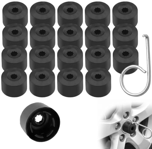 20 Piezas Tapones de Tuerca de Rueda, Cubiertas de Pernos de Llantas Universales 17mm Hexagonales con Herramienta de Extracción, Color Negro, Protectores de Plástico para Tornillos de Coche