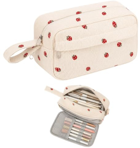 KhgFov Strawberry Pencil Case, Large Capacity Cute Corduroy Pencil Case