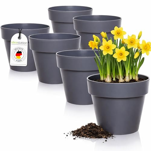 idea-station IBI Blumentopf Set 6 x 12 cm - anthrazit - bruchsichere Blumentöpfe aus Plastik für verschiedenste Pflanzen, Blumen oder Kräuter - Matte Übertöpfe für innen und außen