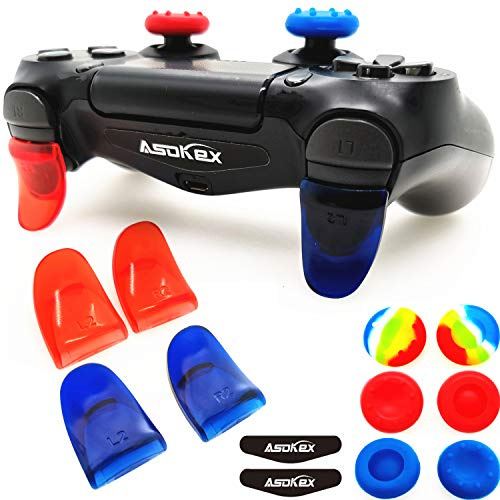 L2 R2 Triggers Ps4 (2 Pairs Trigger Extender, 6Pcs Thumbstick Grips, 2 Pairs LED Light Bar Decal) for Ps4 Dualshock Controller (red&Blue)