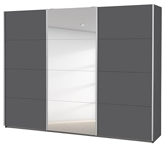 Rauch Möbel Caracas, Schwebetürenschrank, Grau metallic, Breite 271 cm | Kleiderschrank mit Schwebetüren, Schiebetüren, 3-türig, mit Spiegel, für Schlafzimmer, Kinderzimmer, Wohnzimmer, Garderobe