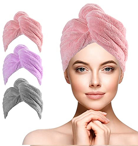URAQT Toalla Para el Pelo, 3pcs Toallas de Pelo Turbante, Capucha para el Cabello Seco, Superabsorbente, Secado Rápido para el Cabello Mojado, Toallas de Ducha con Botones (A)