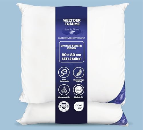 2 Stück (Set) Daunenkissen | 3 Kammer Kopfkissen | Dreikammerkissen 80x80 cm | Füllgewicht: 1600 Gramm | 100% Baumwollbezug | Kopfkissen 80x80 Daunen | Federkissen | kein Lebendrupf | weiß