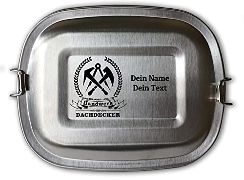 elbedruck Edelstahl Brotdose Lunchbox Erwachsene mit Gravur Zunftsymbol Dachdecker und Wunschgravur Dein Name personalisiert in 3 Größen auch als Set (Lunchbox Dachdecker groß)