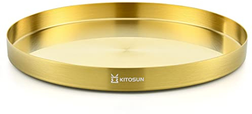 Gold Tray Round Serving Platter - Metal Decorative Plate for Coffee Table Centerpieces Perfume Vanity Jewellry Display Cosmetic Storage Counter Bathroom Bar Club Lounge Accessory (12W)