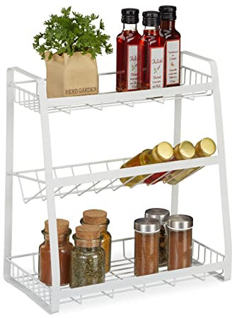 Relaxdays Gewürzregal, Küchen Organizer mit 3 Etagen, HBT: 38 x 35 x 18,5 cm, für Öl & Kräuter, Gewürzhalter Eisen, weiß