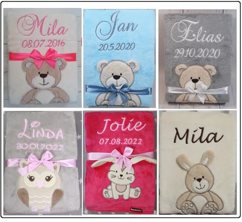 BotoBaby Babydecke mit Namen und Datum Bestickt, 100 % Polyester, 76 cm x 102 cm, Personalisierung, Tiermuster, Unisex, Sommer, Indoor, Babygeschenk