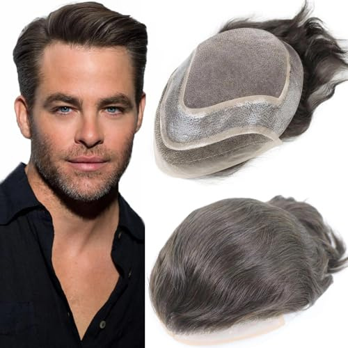 HAPPYCC Toupee For Men Human Hair Replacement System Mono Thin Skin Pu And French Firm Lace Front Prosthesis Hair Pieces For Men Mens Wig #4 Light Brown Color (10x8,#4)