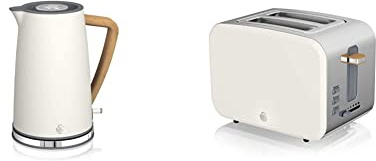 Swan Nordic Bouilloire électrique ultra rapide sans fil Design moderne 1,7 l 2200 W Blanc & Nordic Grille-pain à fente large 2 tranches, 3 fonctions, 6 niveaux de grillage, blanc mat