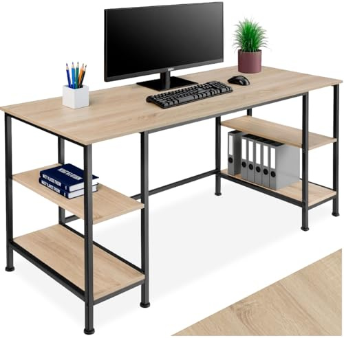 tectake® Bureau avec 4 étagères 137 x 55 x 75 cm, Grande Table Bureau Style Industriel Bureaux Ordinateur Meuble pc Table de Travail Meuble Ordinateur Desk Teletravail Gaming, Bois Clair
