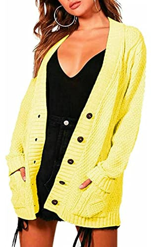 JJ CLOTHING New Womens Everyday Long Sleeve Button Top Ladies Chunky Aran Cable Knit Grandad Cardigan (Yellow, 16-18 (Large))