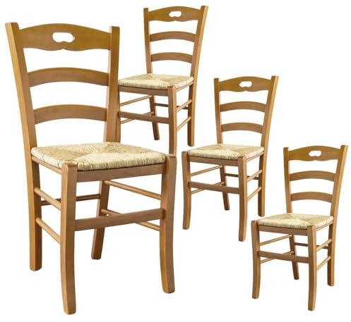 AltoBuy Suzy - Lot de 4 Chaises Teinté Chêne et Assises en Paille