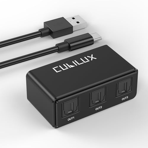 Cubilux 1-In-3-Out TOSLINK Optical Audio Splitter, 192 kHz / 24 Bit | Sends Dolby Digital 5.1 and DTS from TVs, Xbox or PlayStation to three soundbars, amps or receivers; powered active splitter