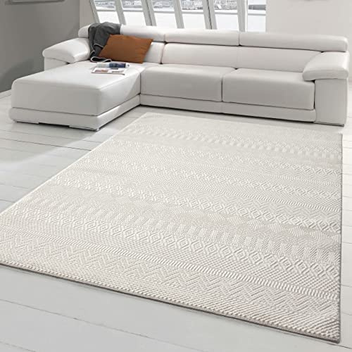 Teppich-Traum Recycling Teppich Hoch-Tief Zick-Zack-Rauten Creme 200x290 cm | Nachhaltig und pflegeleicht, Flor aus 100% recyceltem Polyester, weich, schmutzabweisend, strapazierfähig, OEKO-TEX geprüft
