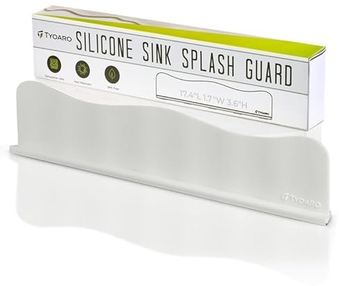 TYOARO Silicone Sink Splash Guard - Water Splash Guard for Kitchen, Island and Bathroom - Secure Non-Slip Suction Cup Base - Dishwasher Safe, White (17.4 x 1.7 x 3.6)
