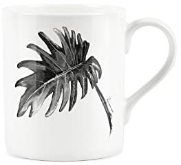 Purely Home Cheese Plant Monstera Painted Mug - Small Fine Bone China Artistic Black & White Coffee/Tea Present Gift - Designs by Rhiannon Chauncey