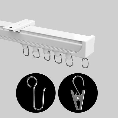 MaKefeile Ceiling Curtain Track, Heavy Duty Curtain Tracks System for Room Divider, Wall Mount Sliding Curtain Rail with Clip and Hooks Set for Living Room, Bedroom, Shower, Outdoor, White 12ft-15ft
