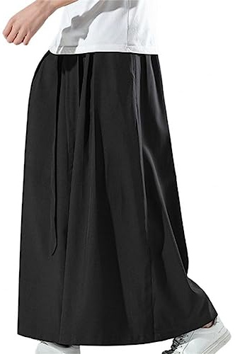 Black Ice Silk Hakama Pants with A Wide Bottom Kimono Men Cotton Exercise Pants Black L