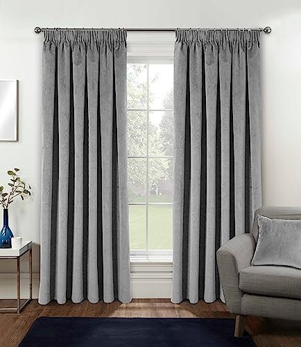 Enhanced Living Oxford Premium Velvet Grey Blackout Curtains for Curtains for Bedroom - Supersoft Tape Top Curtains - 90x90 inch (229x229 cm) - 2 x Curtain Panels