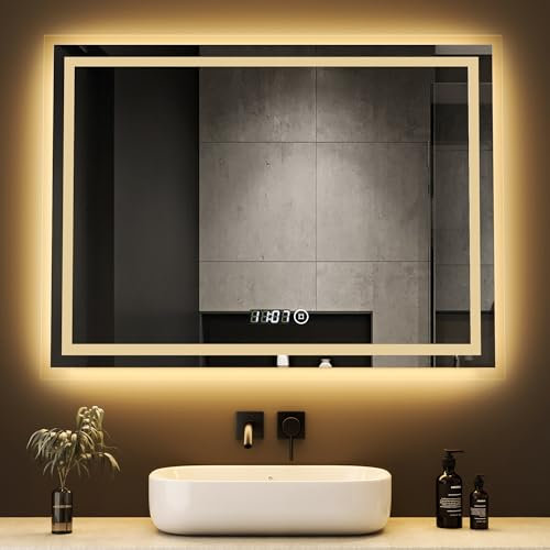 Boromal LED Badspiegel mit Beleuchtung und Uhr 80x60cm Badezimmerspiegel Badezimmer Spiegel 3 Lichtfarbe Dimmbar 3000-6500K 2940LM Wandspiegel Lichtspiegel LED Spiegel mit Uhr + Touch Schalter