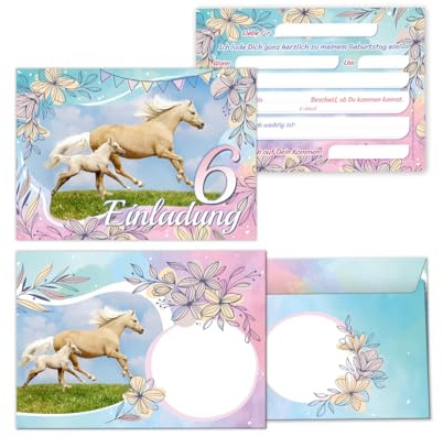 Minkocards 12 Einladungskarten incl. 12 Umschläge zum 6. Kindergeburtstag Mädchen Pferd mit Fohlen Einladung sechste Geburtstag Kinder Einladungsset