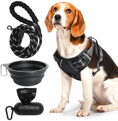 No Pull Dog Harness for Medium Large Dogs, Adjustable No Choke Reflective Harness with 5ft Dog Lead, Collapsing Dog Bowl 1000ml and Dog poo Bag, Soft Padded Pet Vest for Training or Walking