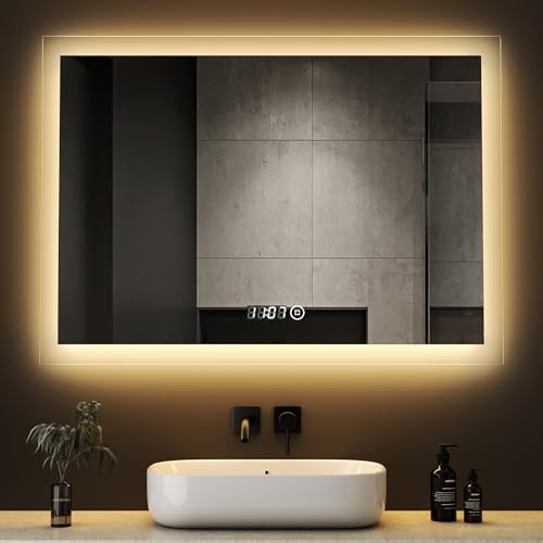 Boromal LED Badspiegel mit Beleuchtung und Uhr 80x60cm Badezimmerspiegel Badezimmer Spiegel 3 Lichtfarbe Dimmbar 3000-6500K 2940LM Wandspiegel Lichtspiegel LED Spiegel mit Uhr + Touchschalter