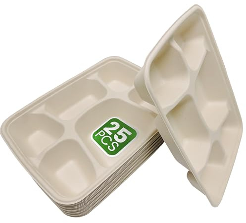 DISPOSABLE GREEN Rechteckige Einwegteller, Bagasse-Fächer-Teller, Einwegartikel, 6 Fächer, unterteilt für heiße, kalte, nasse und ölige Lebensmittel, Portionskontrollteller,