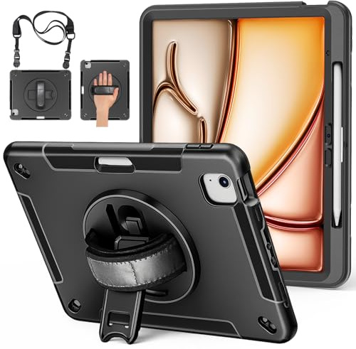 Miesherk Hülle für iPad Air 13 Zoll M4/M3/M2 2026/2025/2024 Schwarz | robuste stoßfest Case iPad Pro 12.9 6./5./4./3, Displayschutzfolie, Stifthalter, Drehbare Ständer/Handschlaufe, Schultergurt