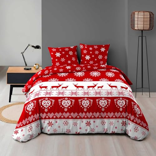 Douceur d'Intérieur, Parure de Lit 3 Pièces (240 x 220 cm) Floconette Rouge, Microfibre Flanelle Imprimé Allover