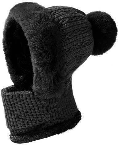 JFAN Mössor för kvinnor vinter stickad mössa dam varm fleece hatt och halsduk för skidåkning utomhus, Svart, one size