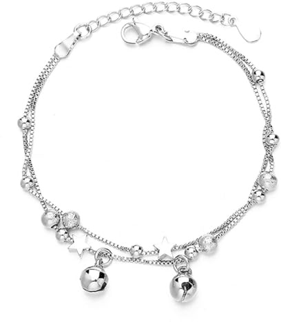 Bracelet Femme Double Couche Cloche Bracelet Chaîne en Argent Bracelet Étoile Bracelet en Argent avec Étoiles Cloche et Perles pour Femmes, Filles Bracelets
