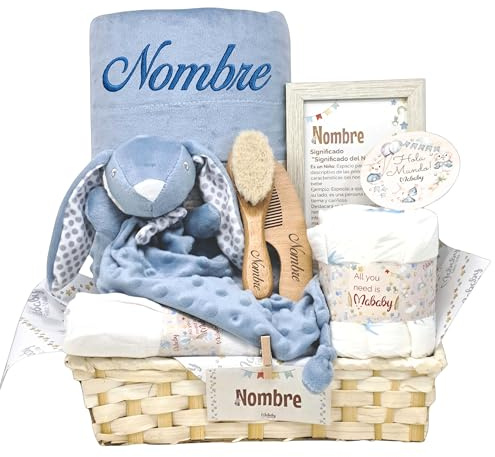 Mababyshop Cesta Regalo Bebe Niño Personalizada Soft And Happy Manta Bordada Nombre Dou Dou Conejito Muselina Algodon Cepillo Peine Madera Pastel Pañales