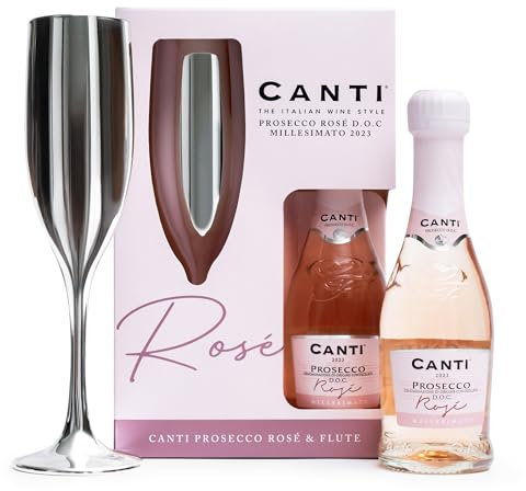 Canti Rose Prosecco Gift Set - Mini Pink Prosecco Rosé Wine DOC 20cl and Silver Metallic Flute, Pink Sparkling Italian Wine Style, Prosecco Gifts for Women, Alcohol Gift, Mum, Birthday, Mothers Day