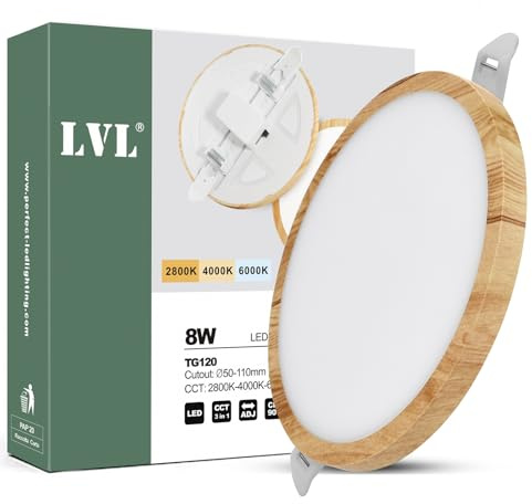 LVL Spot Lights Ceiling Recessed 8W, CCT 2800K 4000K 6000K Ra90, Not Dimmable Round Downlights for Led Ceiling Light Kitchen Living Room (Wood Grain, 1 Pack)