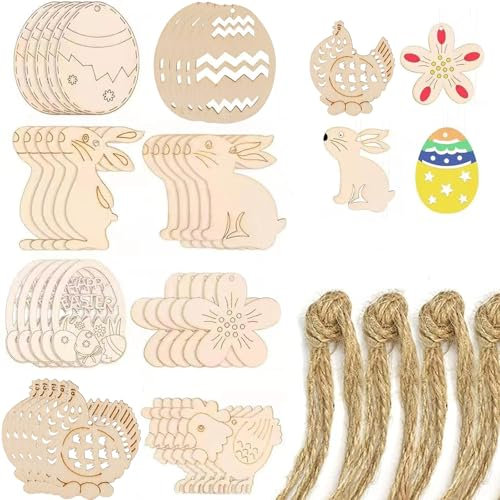 JISRKP 40 Pcs Easter Crafts Wooden Eggs for Hanging Decoration, DIY Craft for Kids, Easter Party Supplies, Home Wall Door Decor