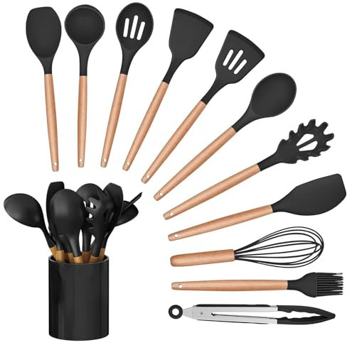 Kitchen Utensil Set, 12 PCS Silicone Cooking Utensils Set with Wooden Handle, Heat Resistant, Nonstick Cookware Tongs Spatula Spoon Set, Dishwasher Safe, Best Kitchen Tools (Black)