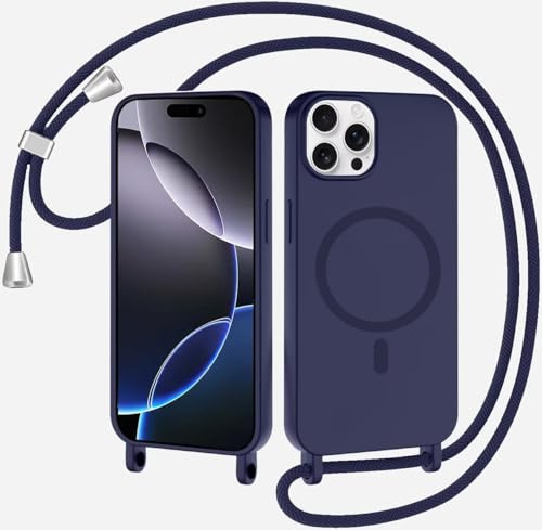 SLWYF Magnetische Handykette für iPhone 11 Pro Hülle mit Band, Handyhülle Kompatibel mit MagSafe, Silikon Seil Necklace Handyhülle PU Stoßfest mit Abnehmbar Kordel zum Umhängen Case - Dunkelblau