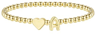 M MOOHAM Gold Initial Bracelet for Women - Dainty 14K Gold Plated Beaded Heart Bracelets for Women Trendy Letter A Bracelet Heart Jewelry Teen Girls Kids Mothers Day First Communion Gifts