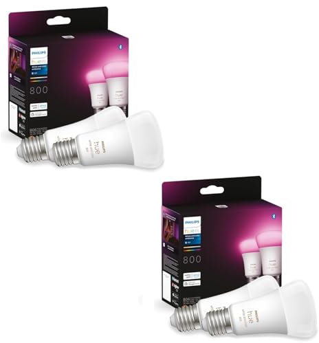 Philips Hue Vorteilspaket – E27 – mit 4 Standardlampen – dimmbare LED Leuchtmittel für das Hue Lichtsystem mit 16 Mio. Farben, smarte Lichtsteuerung über Sprache und App,