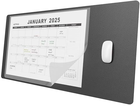 Aothia Schreibtischunterlage mit 17-Monats-Kalender 2025-2026, 80x40cm große Mauspad,Rutschfeste PU Leder schreibunterlage für Büro & Zuhause,Tiefes Grau