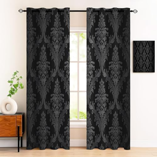 Barockstil Damast Muster Ösen Gardinen Blickdicht, Retro Geometriedruck Vorhang 2Er Set Kälteschutz Thermo, Schwarz Grau Verdunklungsvorhänge Wohnzimmer Schlafzimmer Fenster H245Xb140