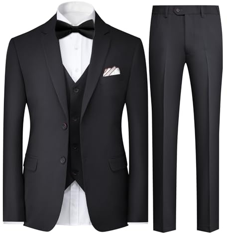 YFFUSHI Anzug Herren 3 Teilig Anzüge Slim Fit Formale Herrenanzug für Business Hochzeit Jacke Hose Weste Fliege, Schwarz, M