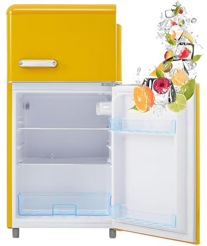 Frigorífico retro con congelador, frigorífico de 72 litros con congelador de 21 litros, frigorífico pequeño con compartimento para verduras, 120 kWh/año, luz LED.,Yellow